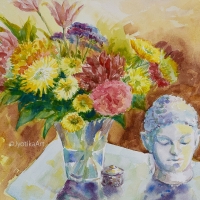 Flower Vase with Buddha 20''x14'' watercolor
