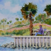 Fishing On The Pier 16''x12'' watercolor