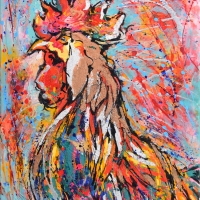 Red Crown Rooster 18x24 Acrylic, Silver & Copper Leaf