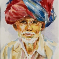 The Blue & Red Turban 8''x12'' watercolo—SOLD