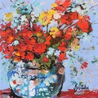 Red Flowers Vase 12x12 — SOLD
