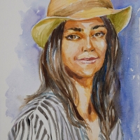 Woman with Straw Hat 11''x15'' watercolor
